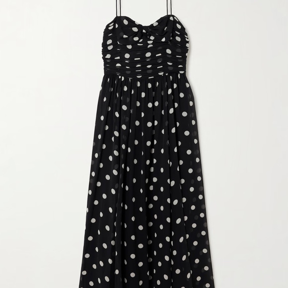 DÔEN Maryanna bow-detailed ruched polka-dot silk-georgette midi dress NWT - Picture 3 of 10